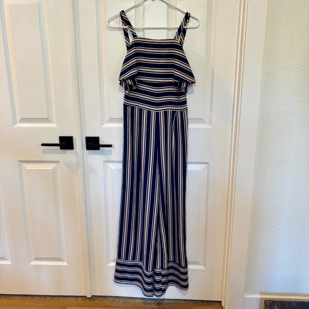 Leith Women’s Striped Navy White Pink Ruffle Front Jumpsuit Size XS